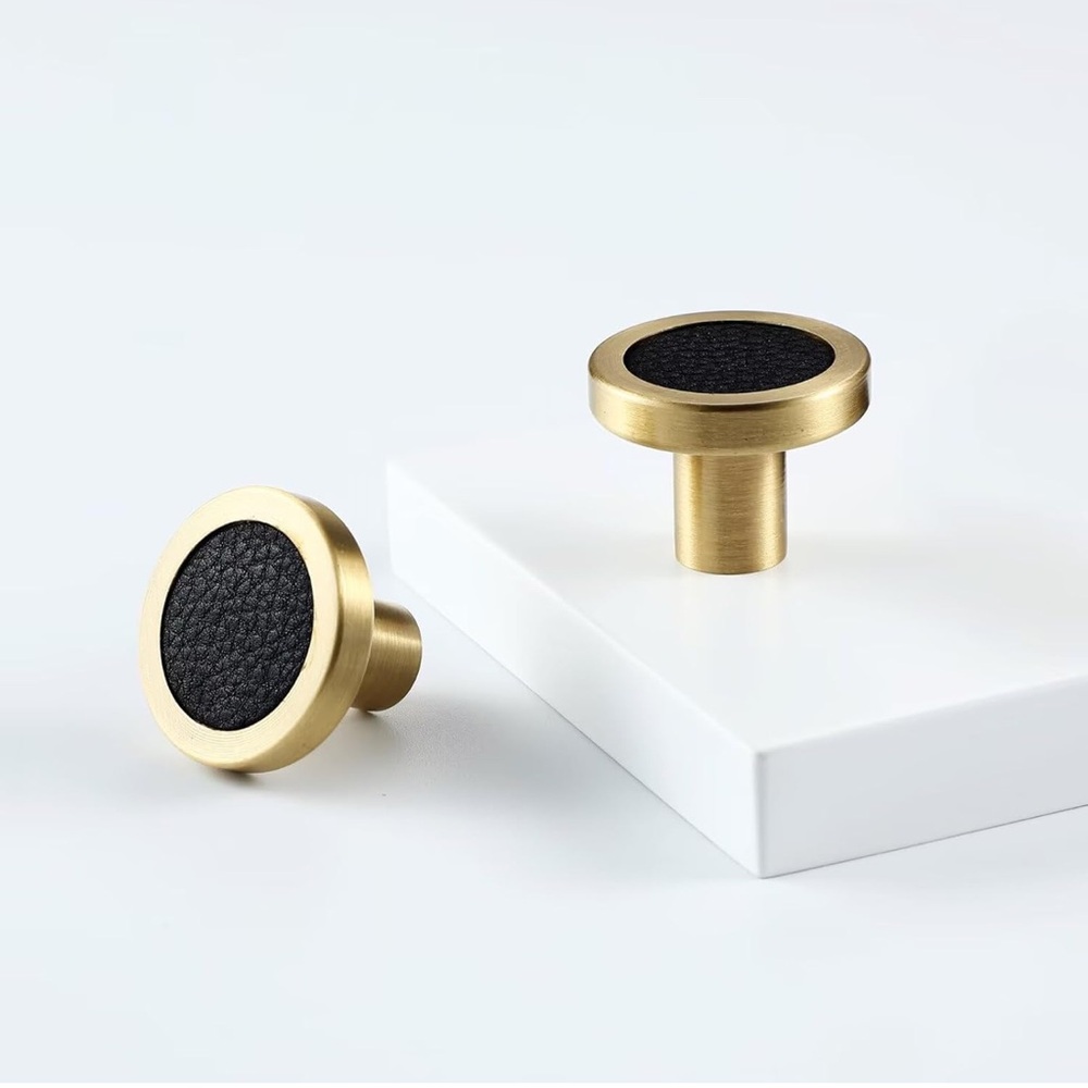 Black and Brass Kitchen Cabinet Knobs，Black Leather and Gold Single Hole 5 pack